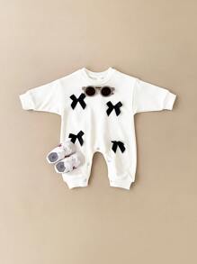 Newborn Baby Girl Cute Bow Solid Color Long Sleeve Romper, Spring & Autumn