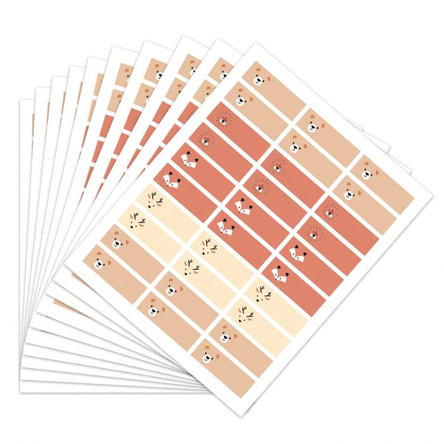 10 Hojas de etiquetas con nombres con diseño de animales - Pegatinas impermeables y escribibles con diseños de alce y zorro para útiles escolares, cajas, botellas y cuadernos - Multicolor - Ver 1