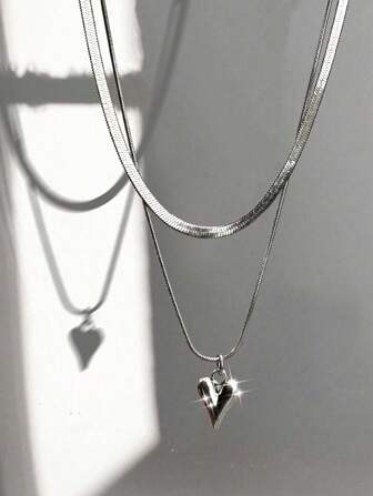2pcs Stainless Steel Simple Snake Chain Love Double Layered Pendant Necklace For Women, Street Style, Hip-Hop Clothing Accessories, NS Heart Necklace, Unique Design And Simple But Elegant Women's Fashion Accessory Valentines,Mom,Mother,Mother's Day,Gift