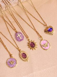 1 chiếc vòng cổ đá tự nhiên màu tím tráng men hình bướm hoa thánh giá trái tim 18K mạ vàng thép không gỉ mặt dây chuyền vòng cổ cho phụ nữ trang sức quà tặng ngày lễ tình nhân - Nhiều màu - Xem 8