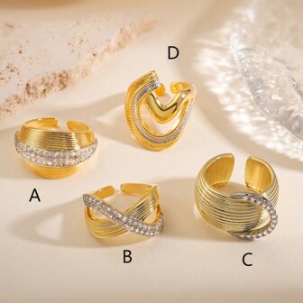 1入組INS編織設計，鍍銅雙色14k金鋯石可調整女戒指，派對珠寶禮物