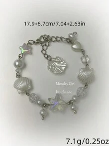 1 件甜美酷炫时尚金属和亚克力多色贝壳星心和珍珠串珠手链，适合女孩、生日礼物或日常佩戴情人节、妈妈、母亲、母亲节、礼物 - 彩色 - 查看 3
