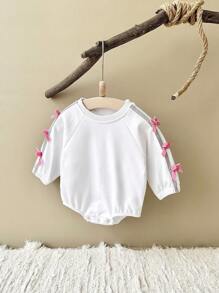 Pelele de manga larga con lazo lindo para bebé recién nacido niña, primavera y otoño - Blanco - Ver 2