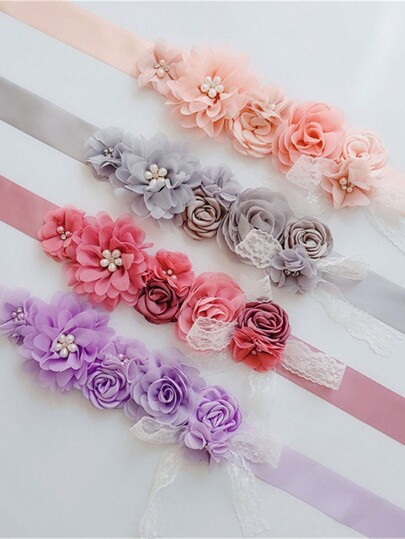 حزام عروس نسائي واحد لفستان الزفاف سلسلة خصر مزينة بورد اصطناعية ولؤلؤ صناعي يدوي الصنع لتزيين فستان العروس وبيل العروس والزي المناسبات الخاصةرمضان