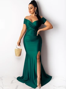 Vestido de noche elegantes vestido de hombros descubiertos fruncido de muslo con abertura sexy