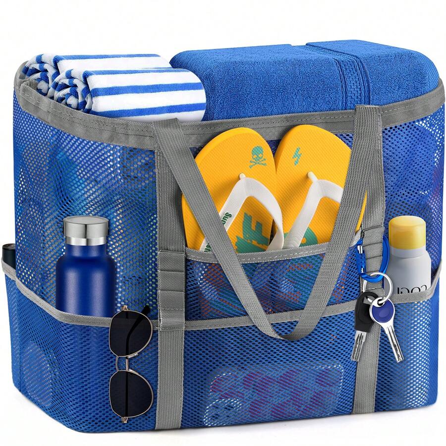 Large Capacity Mesh Shoulder Bag, Lightweight Foldable Beach Bag, Portable Travel Bag - blue grey - View 1