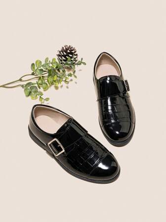 Boys' Youthful And Energetic PU Leather Shoes, Imitation Stone Pattern Mirror Material, Hook And Loop Closure, Fashionable Button Decoration, Suitable For Daily Playtime And School