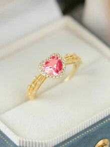 1 szt. pierścionek ze srebra próby 925 z różowym sercem i cyrkonią, elegancki pierścionek damski ze srebra próby 925 z pojedynczą cyrkonią, kolorowy pierścionek z kamieniem szlachetnym w kształcie serca, prezent dla pary, losowy styl pudełka - Złoto - Zobacz 4