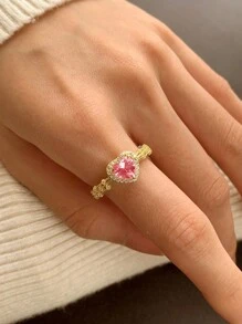 1 szt. pierścionek ze srebra próby 925 z różowym sercem i cyrkonią, elegancki pierścionek damski ze srebra próby 925 z pojedynczą cyrkonią, kolorowy pierścionek z kamieniem szlachetnym w kształcie serca, prezent dla pary, losowy styl pudełka - Złoto - Zobacz 2