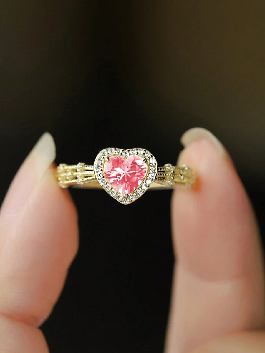 1 szt. pierścionek ze srebra próby 925 z różowym sercem i cyrkonią, elegancki pierścionek damski ze srebra próby 925 z pojedynczą cyrkonią, kolorowy pierścionek z kamieniem szlachetnym w kształcie serca, prezent dla pary, losowy styl pudełka - Złoto - Zobacz 1