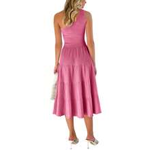 BZB Womens Sleeveless One Shoulder Knit Dress Elegant Smocked Ruffle Tiered Long Party Midi Sweater Dresses - 粉色 - 查看 4