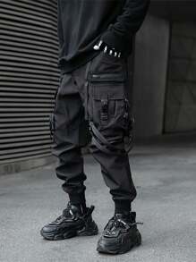 Men's Black Paratrooper Multi Pockets Pants Techwear Streetwear Polyester Blend Strapped Joggers - 黑色 - 查看 3
