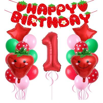 27 قطعة من ديكورات حفلة الفراولة ، بالونات حمراء وزهرية مع أرقام فراولة 1 من الرقائق المعدنية ، لافتة عيد ميلاد سعيد بفراولة للاحتفال بعيد ميلاد الطفل الأول ، لوازم حفلة استحمام الطفل