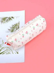 1 件粉色草莓女孩清新风格铅笔袋花朵花卉帆布大号笔袋铅笔袋笔袋笔袋零钱包，简约化妆品收纳袋化妆包办公文具收纳袋 - 粉色 - 查看 2