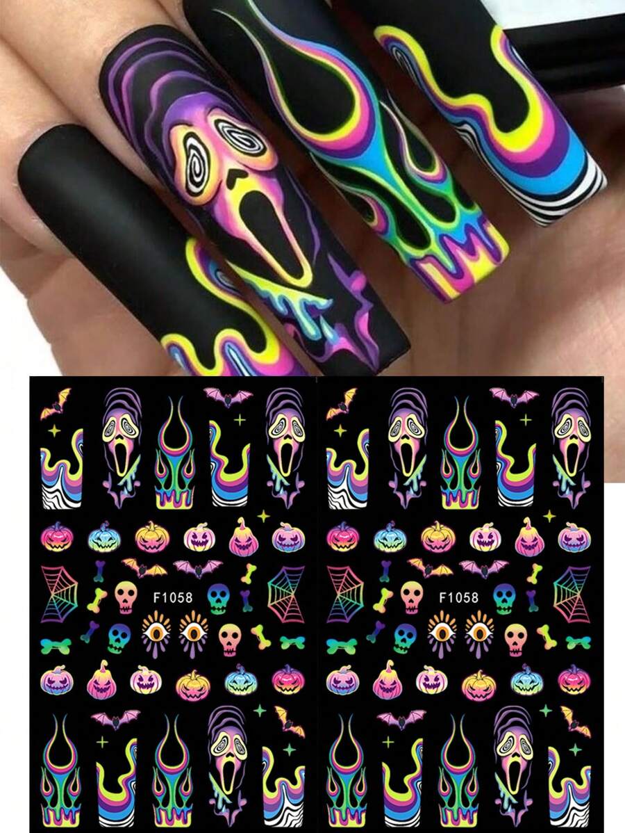 2片装卡通幽灵南瓜美甲贴纸，彩色抽象蜘蛛网惊悚美甲贴花，美甲装饰，美甲用品 - 彩色 - 查看 1