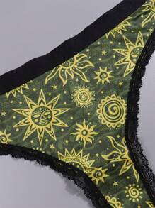 Dircho 4条装性感可爱哥特风女士撞色蕾丝丁字裤，万圣节太阳、月亮、星星和星系印花舒适丝滑内衣，女士内衣裤 - 彩色 - 查看 4