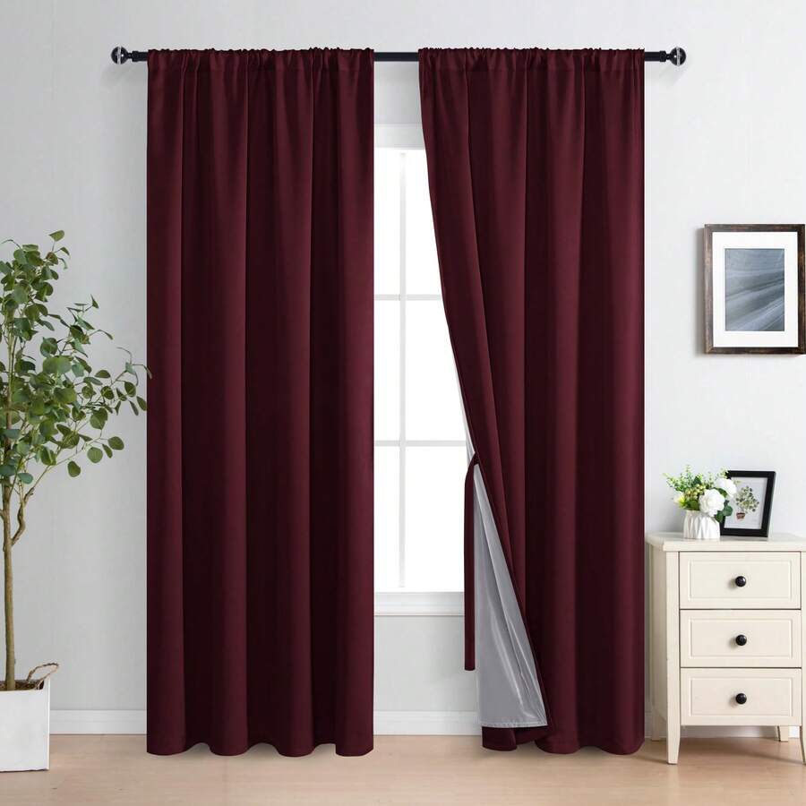 DWCN 2 Panels 100 Blackout Burgundy Curtains Rod Pocket Thermal