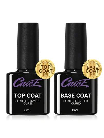 CNICE 8ML BASCOAT&TOPCOAT, obligatorisk UV/LED-lamphärdning Slitstark och långvarig gelnagellack 2-delads set, lämplig för hemmet gör-det-själv-nagelförstärkning eller presentpresentation - Essential gel-nagellack för kvinnor 2-delads set julnagellack