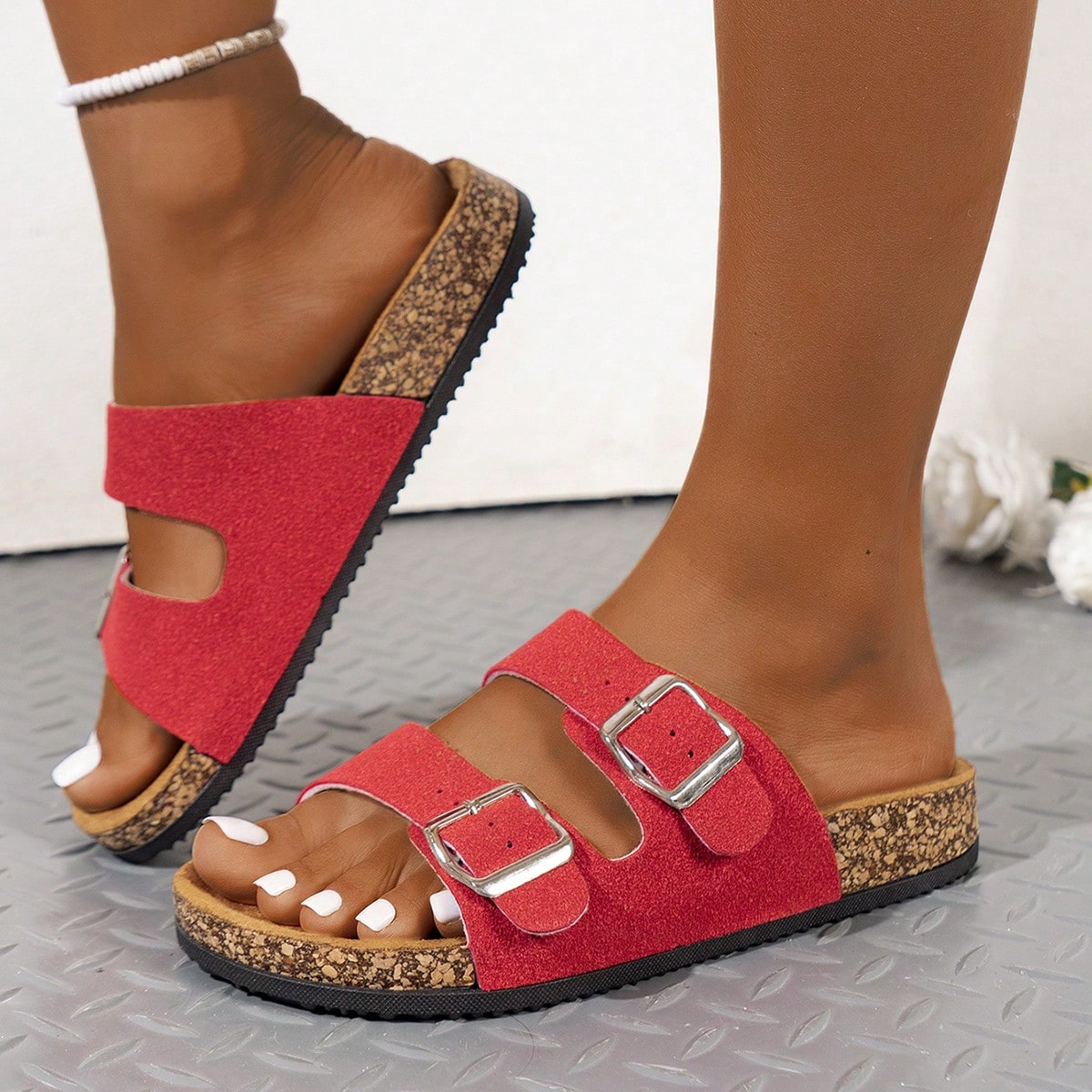Sandalias planas con hebilla de corcho para mujer, sandalias casuales de verano, de playa, con correa, de moda y versátiles para usar al aire libre