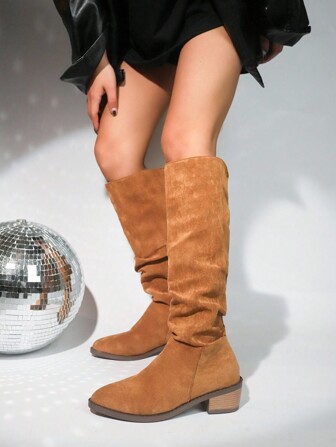 Botas de vaquero de moda para mujer con altura hasta la rodilla, tope radial, tacón grueso y punta puntiaguda