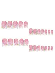 提升你的外表 - 24入組短款方形法式甜美花朵美甲假指甲套裝，適用於女性和女孩 - 彩色 - 查看 3