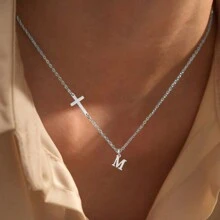 1pc Simple Silver Color Cross Initial Pendant Stainless Steel Chain Necklace For Women - Silver - View 1