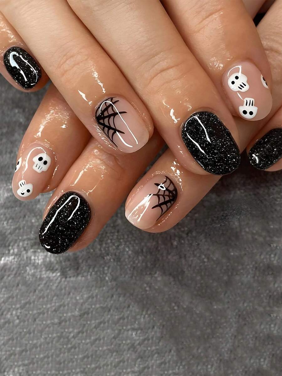 24 miếng dán móng tay ma mạng nhện đen tròn ngắn dễ thương, xấu xí và hài hước, Bộ nghệ thuật ấn vào móng tay giả, thích hợp để mặc hàng ngày, hẹn hò, uống trà và đi chơi - Nhiều màu - Xem 1