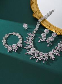 1 Set Luxury Green And Pink Zirconia Copper Silver Plated Necklace, Bracelet, Earrings, Ring Jewelry Set, Elegant Bridal Wedding Accessories, High-End Jewelry Gift Set For Valentine's Day
