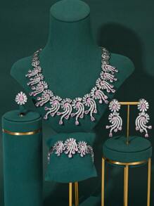 1 Set Luxury Green And Pink Zirconia Copper Silver Plated Necklace, Bracelet, Earrings, Ring Jewelry Set, Elegant Bridal Wedding Accessories, High-End Jewelry Gift Set For Valentine's Day