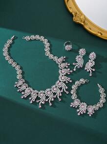 1 Set Luxury Green And Pink Zirconia Copper Silver Plated Necklace, Bracelet, Earrings, Ring Jewelry Set, Elegant Bridal Wedding Accessories, High-End Jewelry Gift Set For Valentine's Day