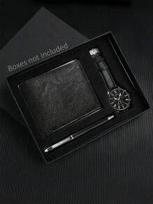 1 pièce Montre-bracelet à quartz étudiant genevoise décontractée pour garçons + 1 pièce Portefeuille noir haut de gamme et porte-cartes + 1 pièce Ensemble de stylo noir élégant, ensemble cadeau de saison de remise de diplôme pour garçons
