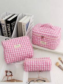 1 Piece Pink Plaid Women Makeup Bag Gingham Toiletry Pouch Travel Zipper Cosmetic Bag Storage Pouch Checkered Pattern Large Capacity Make Up Organizer Travel Skincare Makeup Storage Bag With Handle Multifunctional Storage Bag Portable Toiletries Travel Storage Bag, Handheld Bag, Minimalist Jewelry Storage Bag, Cosmetic Zipper Storage Bag Perfect For Outdoor Travel Girls Decoration Bag Cute Handbag Wallet Pouch Case Portable Cosmetics Brush Storage Clutch With Zipper Closure For Brush, Skincare, Mobile Phone, Coin, Small Items Storage Makeup Organizer Makeup Case Makeup Bags - Pink - View 12