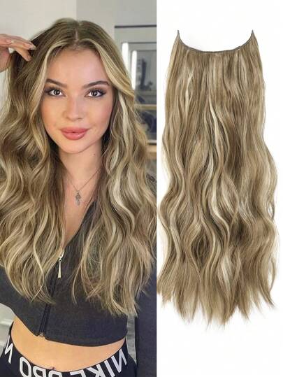 Extensions de cheveux à halo ondulés bouclés, extensions de cheveux invisibles à fil, Extensions de cheveux synthétiques en fibre à double trame, doux postiche pour femmes, couleur brun clair cendré avec reflets blonds