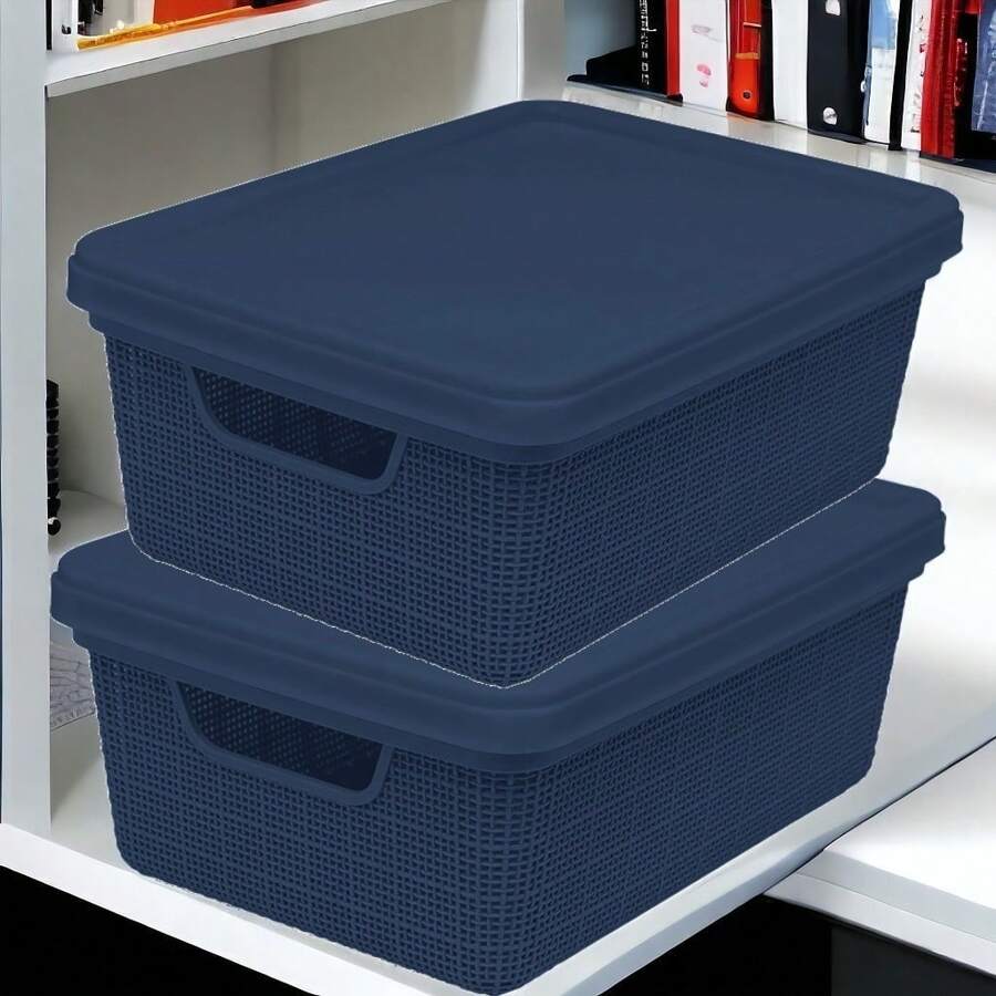 Kit Of 2 Organizer Boxes With Lid 5 Liters Utilities Durable Plastic Stackable Exclusive Texture Multipurpose - Azul Marino - Ver 1