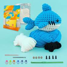 4 件/2 件/1 件钩针鲨鱼图案 Amigurumi 套件，包括纱线、钩针、记号笔、缝纫针、眼睛、填充物和说明 - 制作您自己的鲨鱼毛绒玩偶，附带分步英文视频教程（随机工具配件颜色） - 1件-藍色 - 查看 1