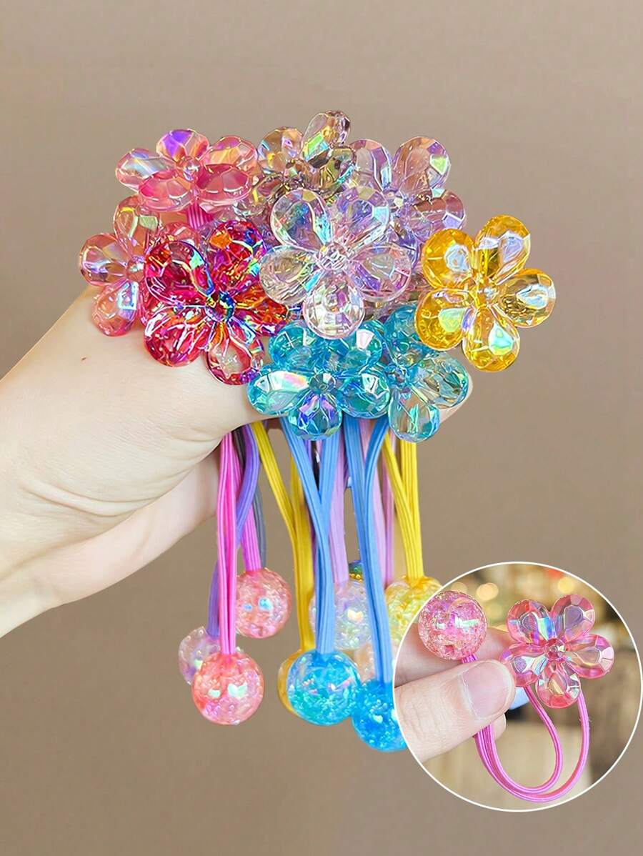 6个/套彩色花朵绒球发圈，简约柔和的发绳，适合女孩日常使用