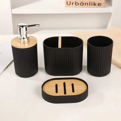 4pcs Lotion Dispenser & Soap Dish Holder & Gargle Cup Set, Black Plastic Bathroom Accessory For Home Home Bathroom Decor Bathroom Accessories Bathroom Organizer Fall Decor Back To School Storage