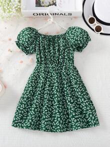 Váy hoa mùa hè cho bé gái phong cách đồng quê, váy công chúa cho các hoạt động ngoài trời - màu xanh lá - Xem 3