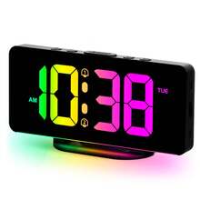 1pc Digital Alarm Clock For Bedroom With Colorful Dynamic RGB Night Light/Color Adjustable,7" Nightstand Clock With USB-C Charger Port,LED Large Display Clock For Teens.(White-Black) - Multicolor - View 11