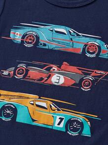 年轻男孩长袖 T 恤，卡通汽车印花，透气时尚秋季时尚 - 寶藍色 - 查看 4