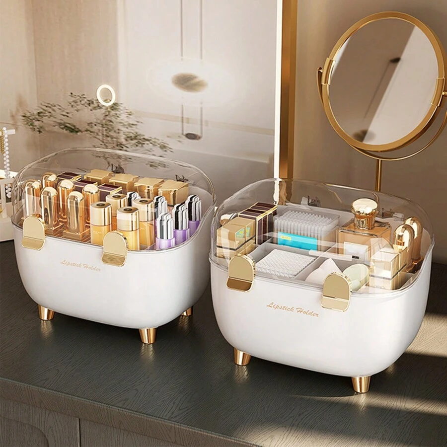 1 件化妆品收纳盒，带防尘罩、透明盖子和香水收纳盒、化妆品架、美容产品整理盒 - 白色 - 查看 1