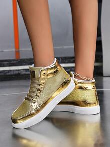 （尺码偏小）女士时尚金属亮片高帮系带休闲运动鞋，个性化百搭舞鞋，舒适情侣运动鞋，金色 - 金色 - 查看 4