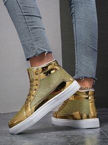（尺码偏小）女士时尚金属亮片高帮系带休闲运动鞋，个性化百搭舞鞋，舒适情侣运动鞋，金色 - 金色 - 查看 9