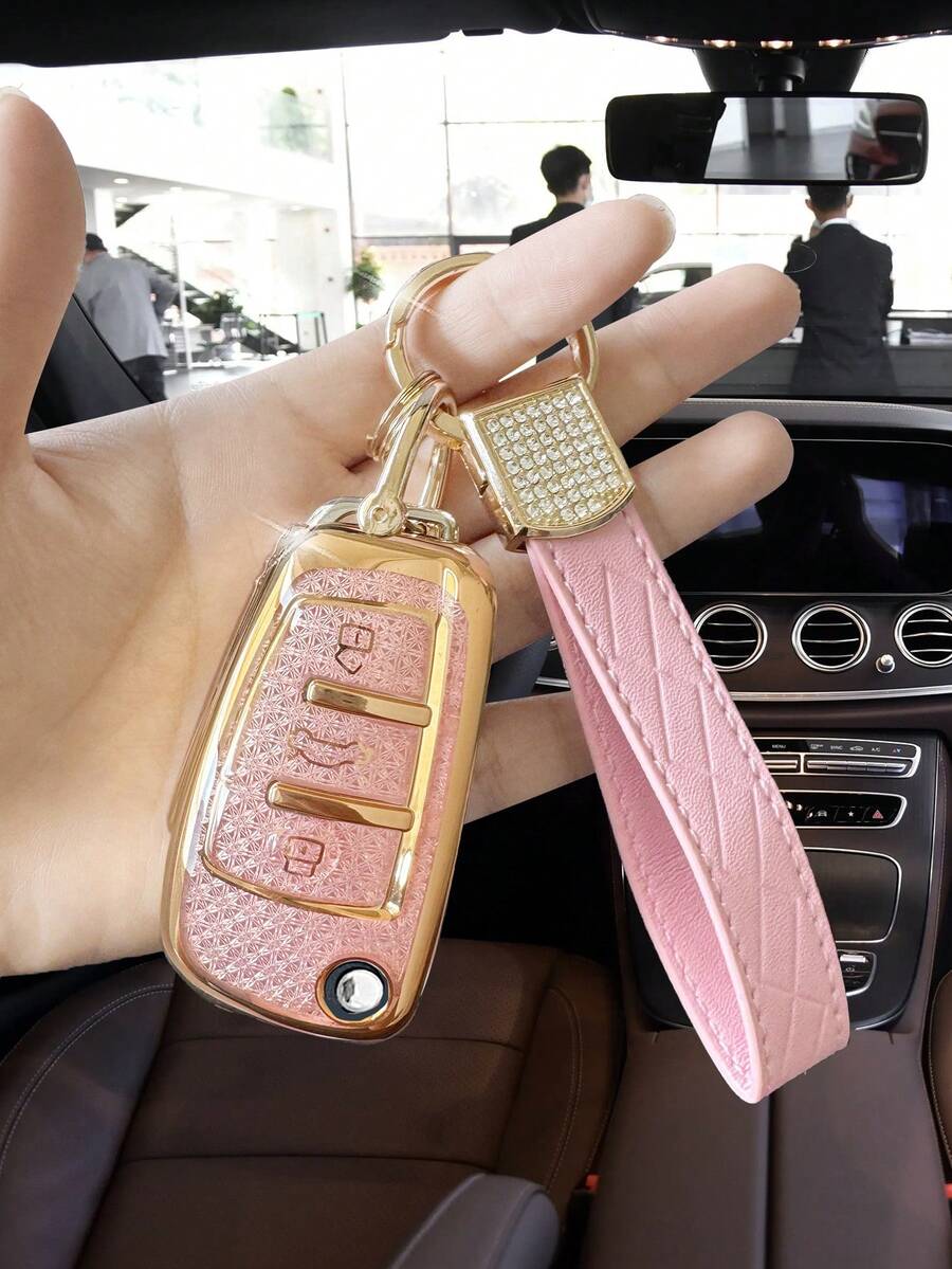 Luxury Diamond Pink Twill Leather Keychain + Anti-Fall Pink Car Key Case + Audi A3 Foldable Key Fob Cover A1 Q3 Q2L TT Protective Shell Old A6 Q7 Q5 - Pink - View 1