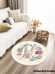 1入組卡通兔圖案圓形編織流蘇地毯墊，適用於家庭臥室客廳 - 彩色 - 查看 1