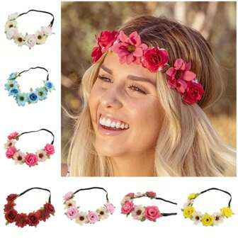 1 件仿真玫瑰花头带，波西米亚海滩度假花冠，派对和节日发饰，清新自然风格，适合摄影情人节情人节头饰发环服装皇冠，学院，婚礼，夏威夷服装，适合女士