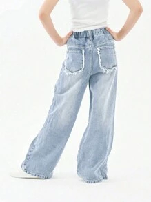 Tween Girl Straight Leg Ripped Jeans With A Relaxed Fit, Long Washed Denim Pants And Wide Leg Trousers - Blue - View 5