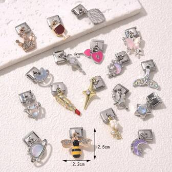 1/5/10 piezas Paquete de accesorios de brazalete modular italiano con elegantes colgantes con estilo Y2K de mariposa, corazón, abeja y estrella - Fabricación de joyería DIY