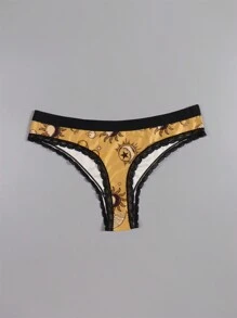 Dircho 4条装性感可爱哥特风女士撞色蕾丝丁字裤，万圣节太阳、月亮、星星和星系印花舒适丝滑内衣，女士内衣裤 - 彩色 - 查看 8