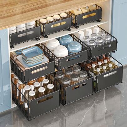 1/2入組拉出式儲物架，廚櫃收納盒，滑軌式收納筐，可放置在洗碗槽下的收納架，專為碗碟、香料、零食設計的省空間無痕收納組織器，適用於家庭、廚房和浴室用品收納